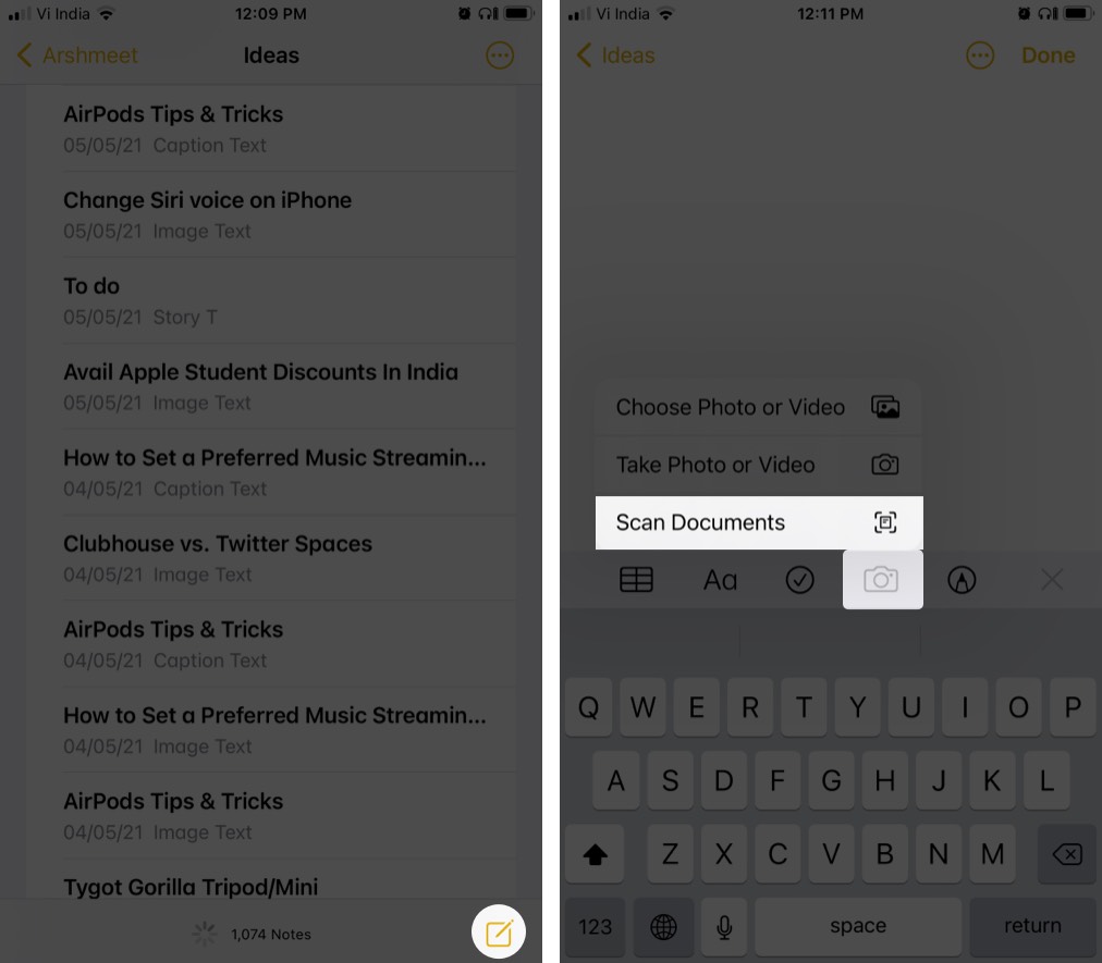 Notes oniPhoneでドキュメントをスキャンする