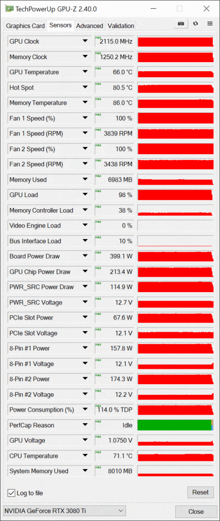 NVIDIA GeForce RTX 3080TiファウンダーエディションのオーバークロックされたGPU-Zセンサーデータ