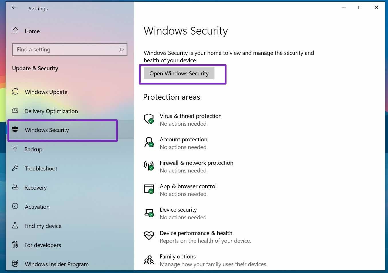 「Windowsセキュリティメニューを開く」