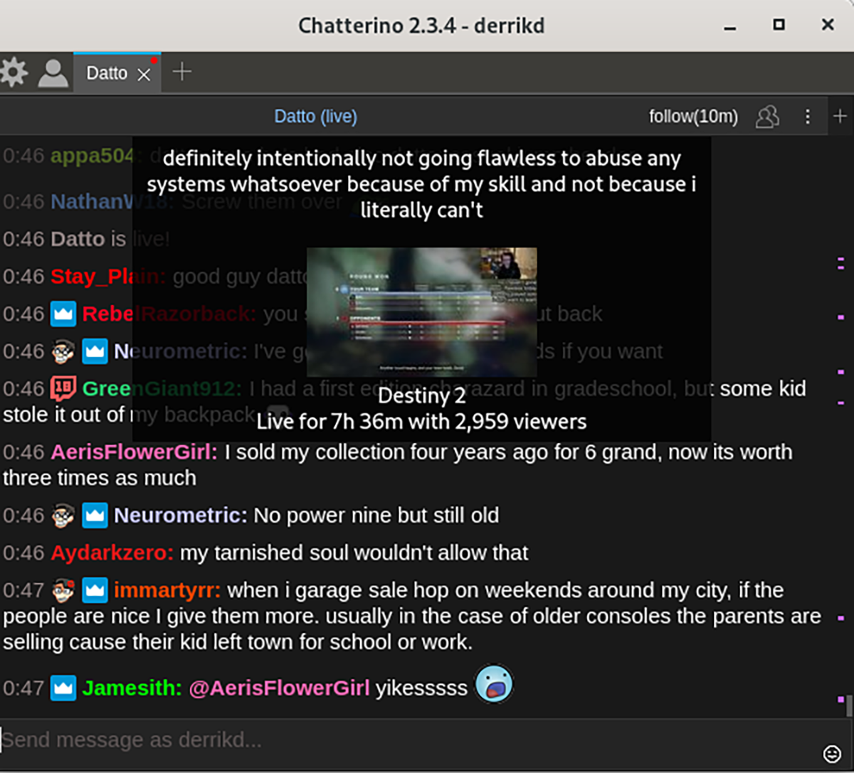 Linuxデスクトップのtwitchストリームでchatterino Ja Atsit