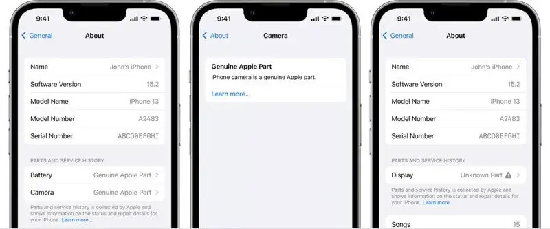 Ios 15 2 部品とサービス履歴 には Iphoneの修理部品が純正かどうかが表示されます Ja Atsit