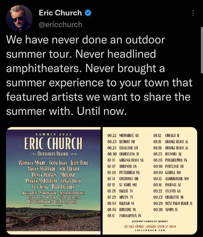 Eric Church Tour 2023 forsalgskode og tidspunkter for Ticketmaster