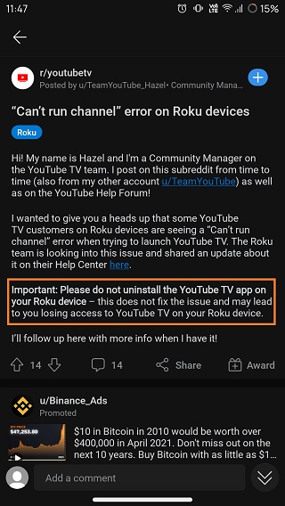 Pengguna Youtube Tv Memberi Amaran Agar Tidak Menyahpasang Aplikasi Pada Peranti Roku Untuk Memperbaiki Ralat Tidak Dapat Menjalankan Saluran Masalah Masih Dalam Siasatan Ms Atsit<script async src=