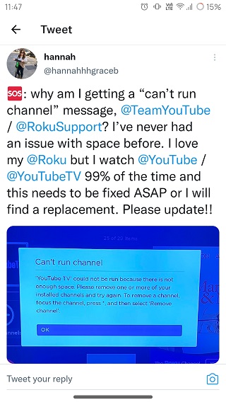 Pengguna Youtube Tv Memberi Amaran Agar Tidak Menyahpasang Aplikasi Pada Peranti Roku Untuk Memperbaiki Ralat Tidak Dapat Menjalankan Saluran Masalah Masih Dalam Siasatan Ms Atsit<script async src=