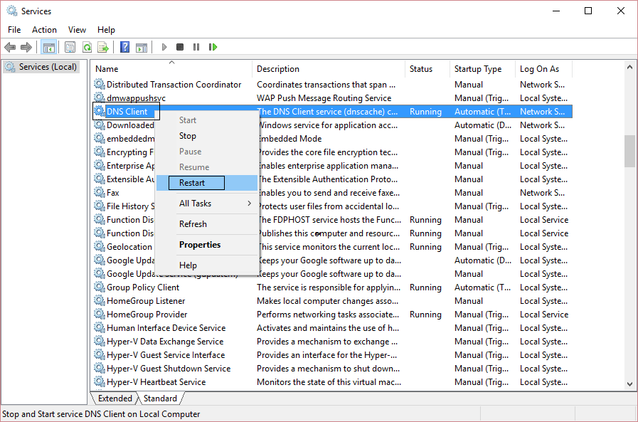 Rechts klikken op-DNS-Client-en-select-Herstarten