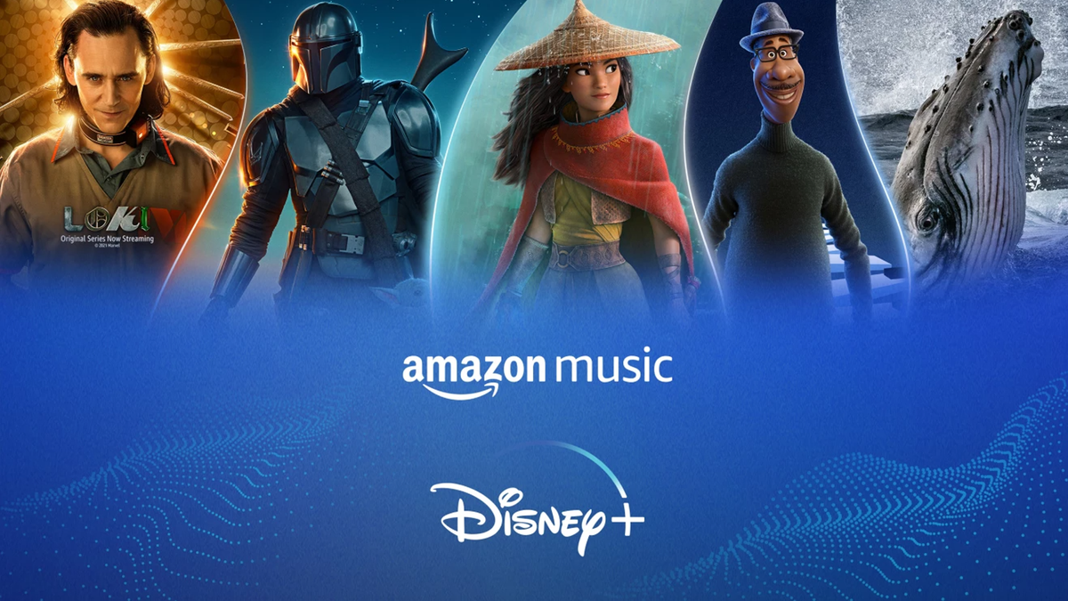 Amazon Music en Disney+ logo's met personages uit Disney+ content