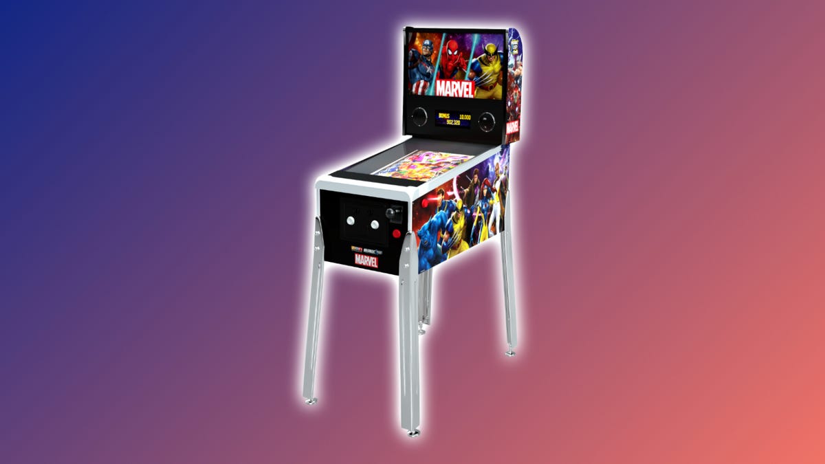 Arcade1Up Marvel flipperkast tegen een veelkleurige achtergrond