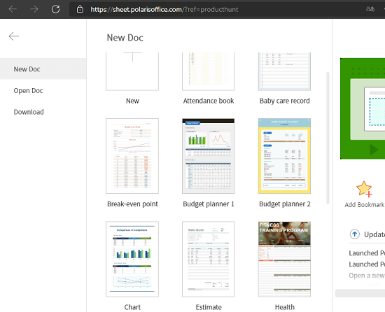 Polaris Office Web Sheets-sjablonen