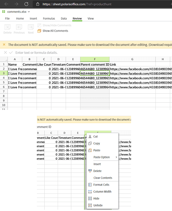 Polaris Office Web Sheets open een bestand en kolomopties