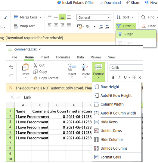 Polaris Office Web Sheets formatting