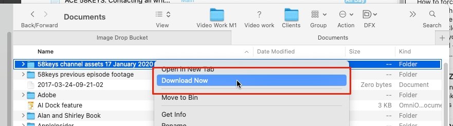 Navigeer naar het bestand in de Finder, klik met de rechtermuisknop en kies Nu downloaden