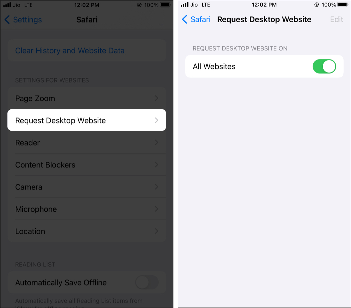 Request Desktop Website Settings for websites in Safari on iOS 15