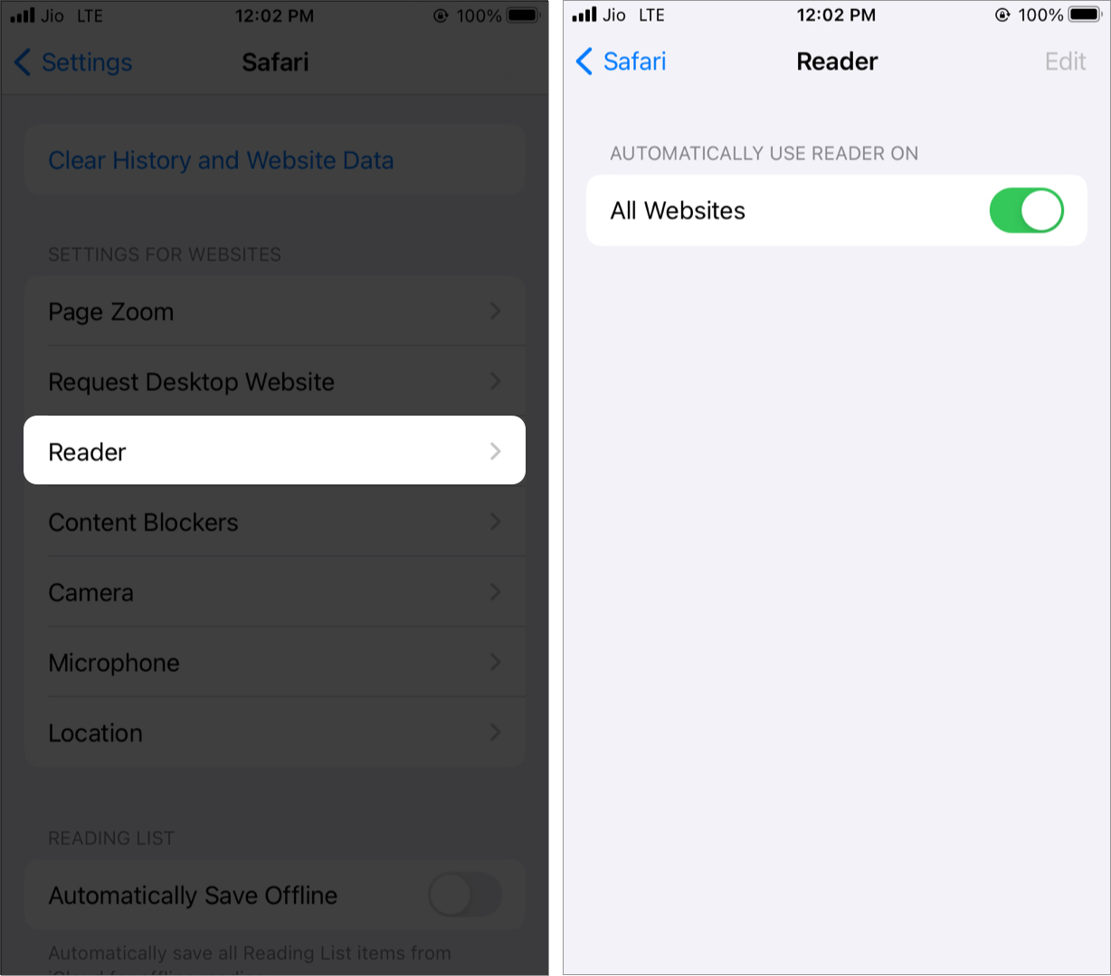 Reader-instellingen voor websites in Safari op iOS 15