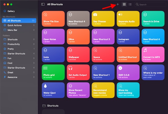Klik op de plus-knop-Maak snelkoppelingen in macOS Monterey op mac
