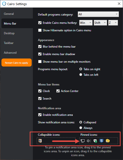 Cairo System Tray Options