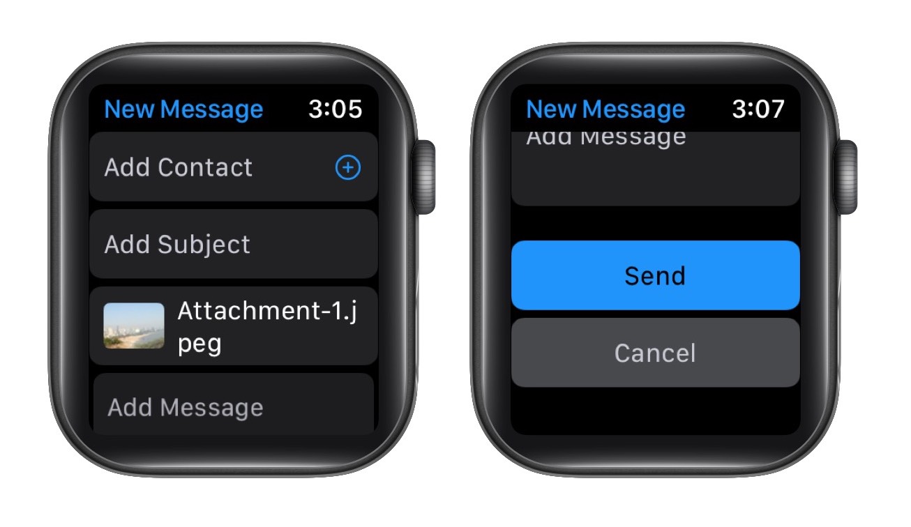 Contact toevoegen en op Verzenden drukken om foto van Apple Watch te delen