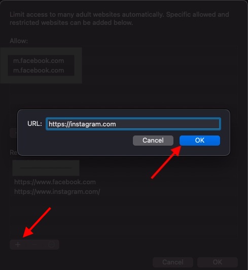 voer vervolgens de URL in van de website die u wilt blokkeren