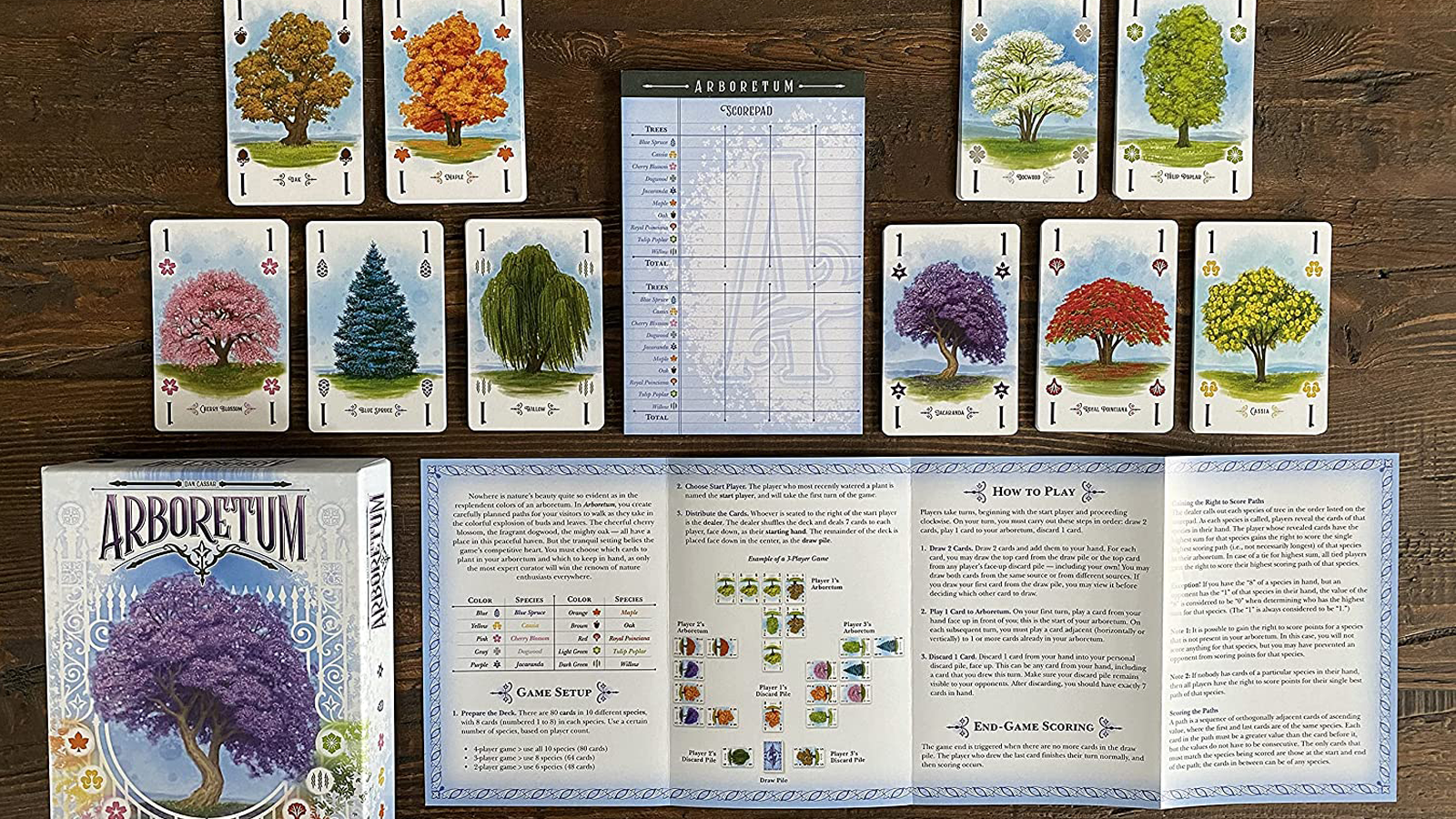 Box, kaarten en instructies van het spelarboretum op houten tafel