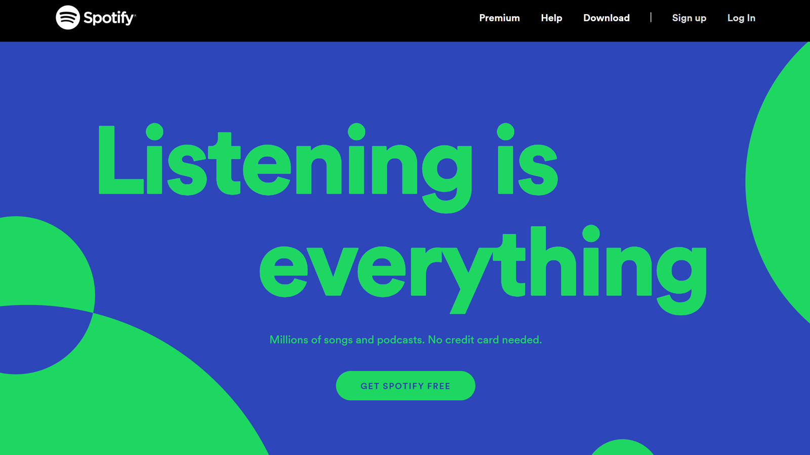 Spotify-website met groen en blauwe tekst en ontwerpen met de tekst