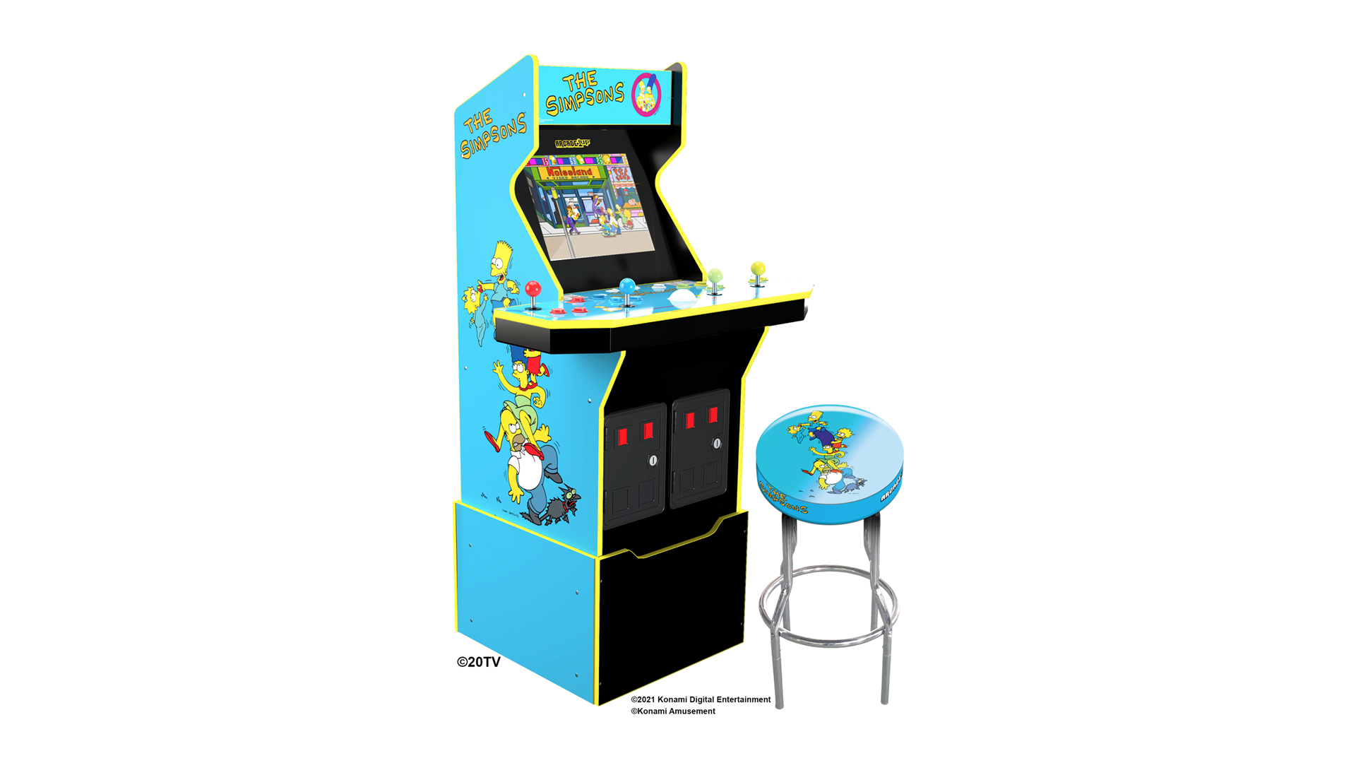 Een Simpsons-arcademachine naast een bijpassende kruk.