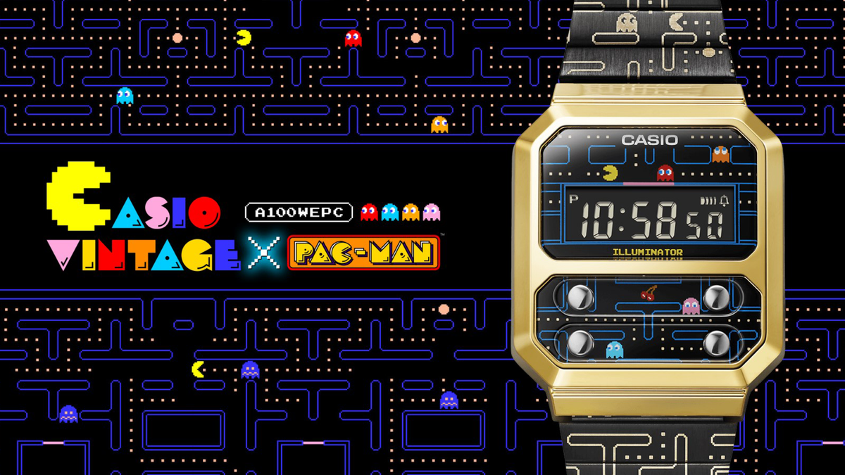 Pac-Man-spel en logo naast nieuw Casio-horloge ontwerp