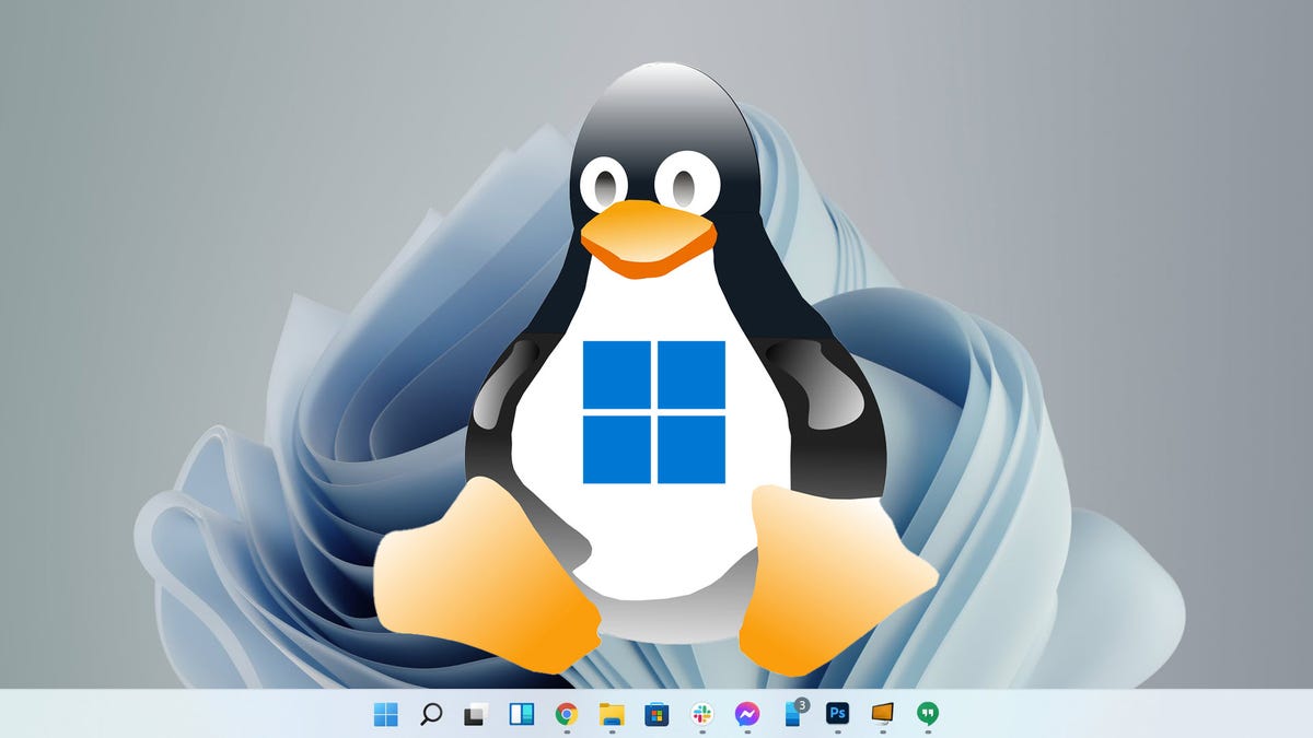 Een Linux Tux-achtig logo met een Windows-logo op zijn buik