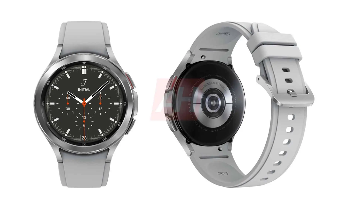 De gelekte Galaxy Watch 4 wordt in zilver weergegeven.