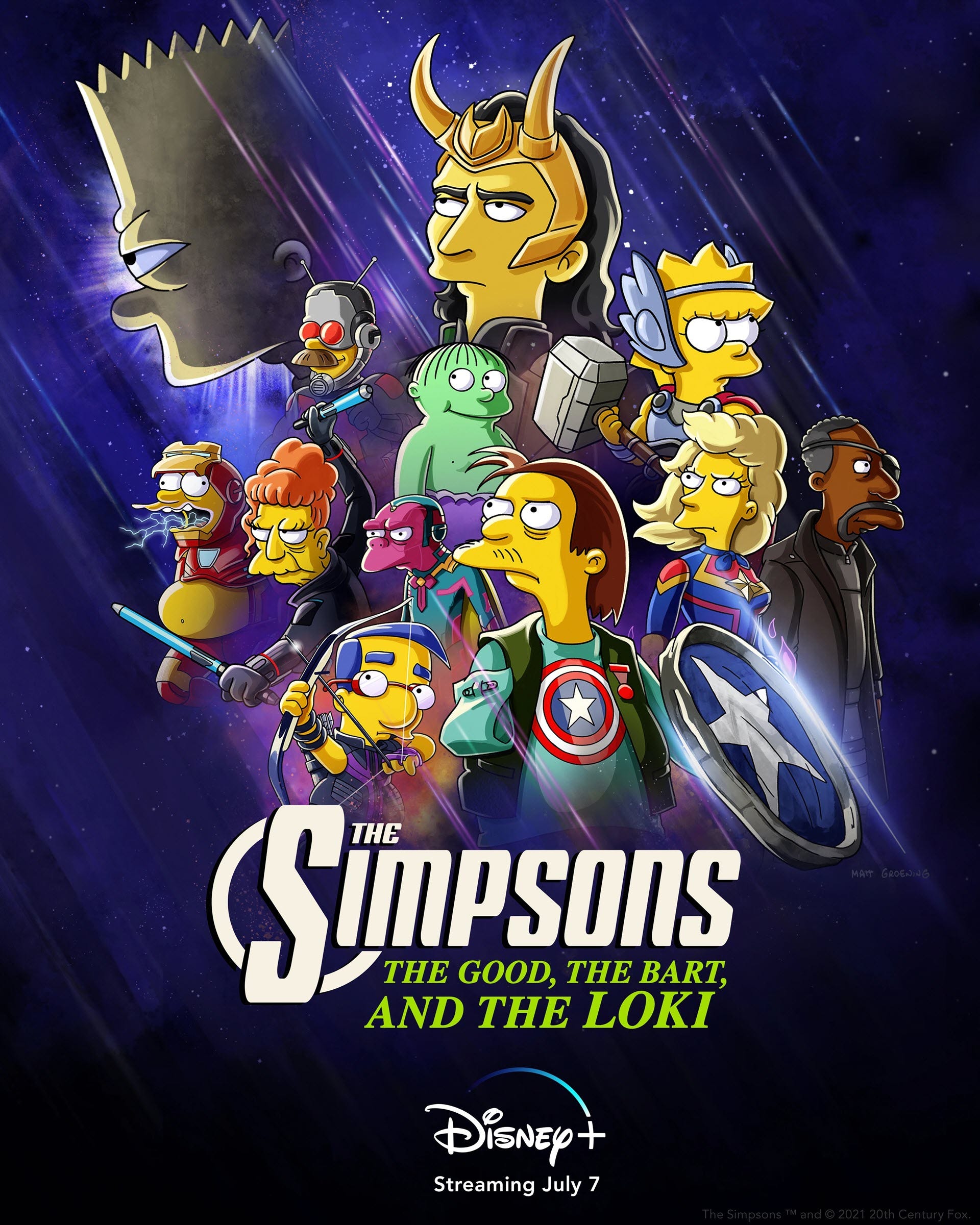 Loki omringd door personages uit'The Simpsons'verkleed als Avengers.