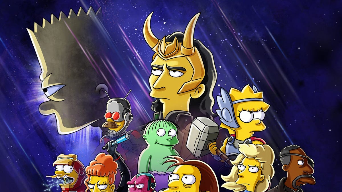 Loki omringd door karakters uit'The Simpsons'