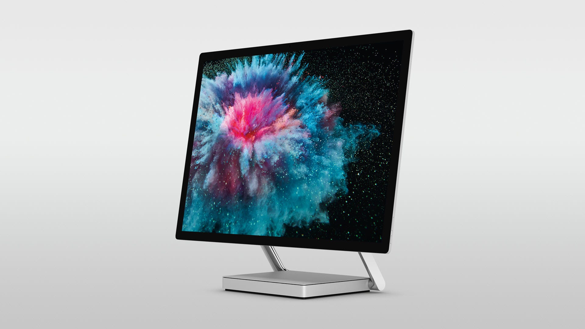 A Surface Studio 2 op een grijze achtergrond