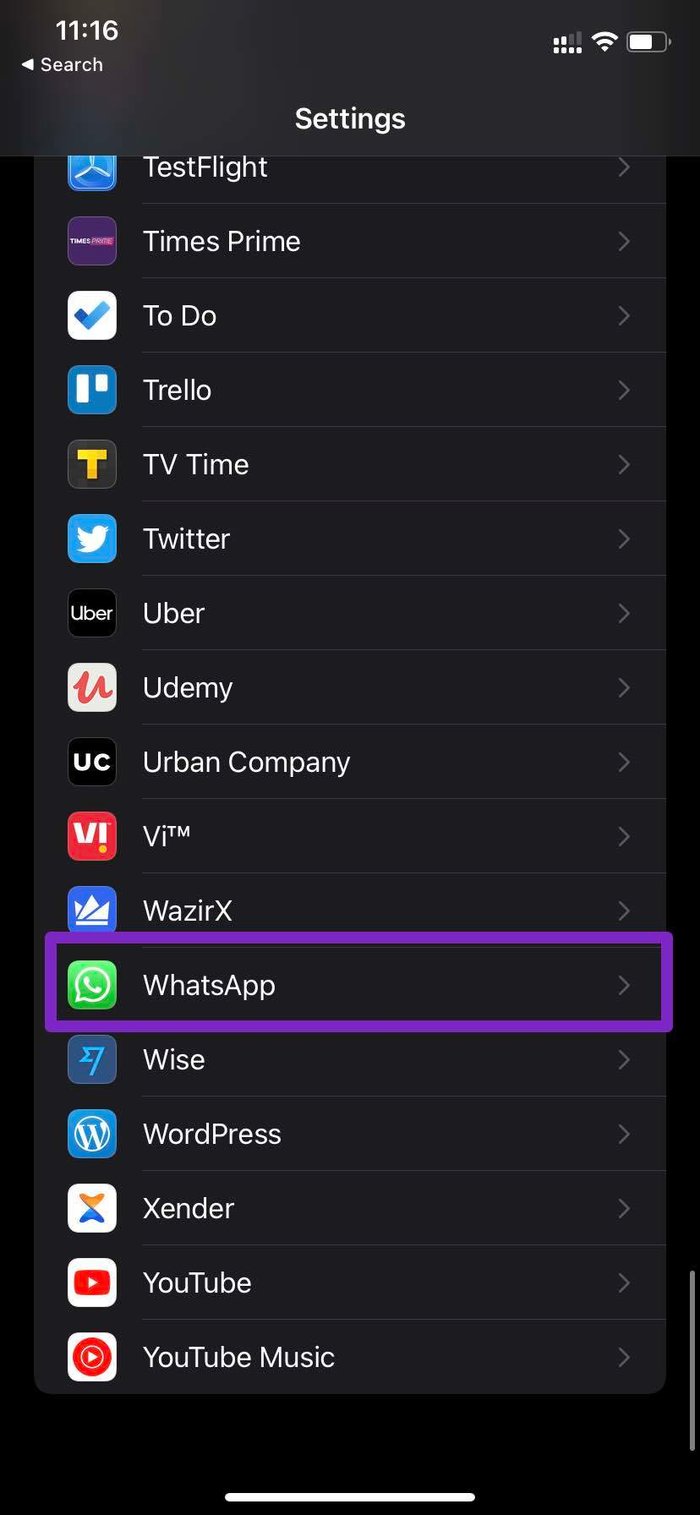 Selecteer whatsapp uit instellingen