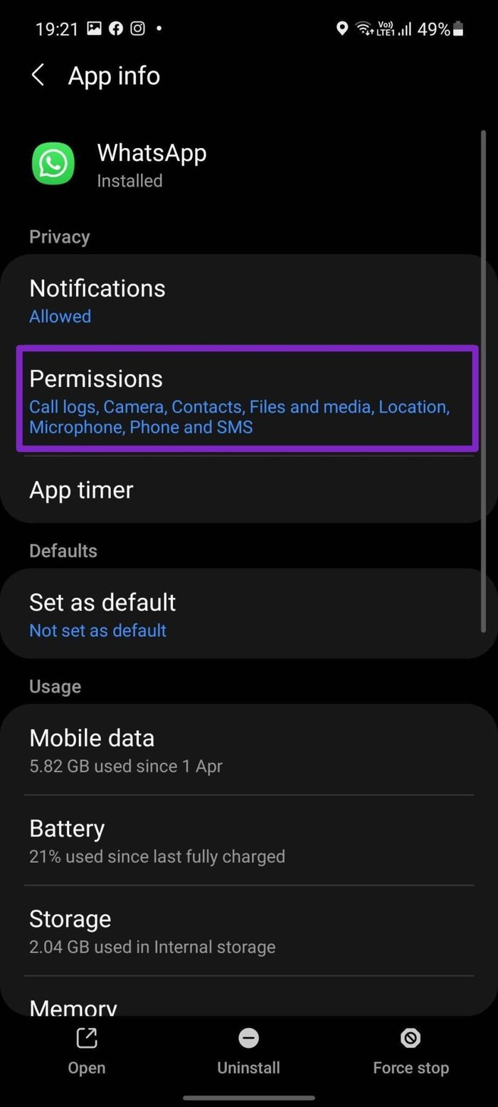 Open WhatsApp-machtigingenmenu