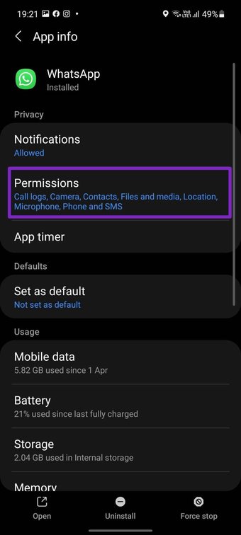 Open whatsapp-machtigingenmenu