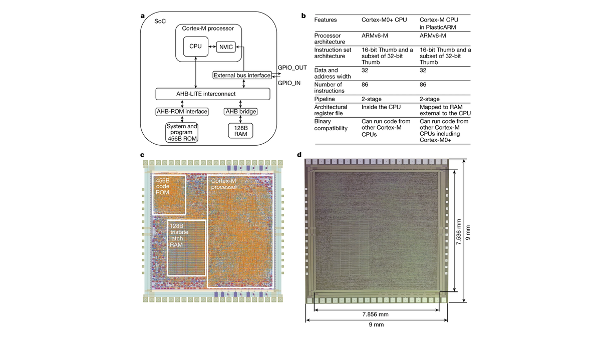 Een diagram van ARM's eerste PlasticARM-processor.