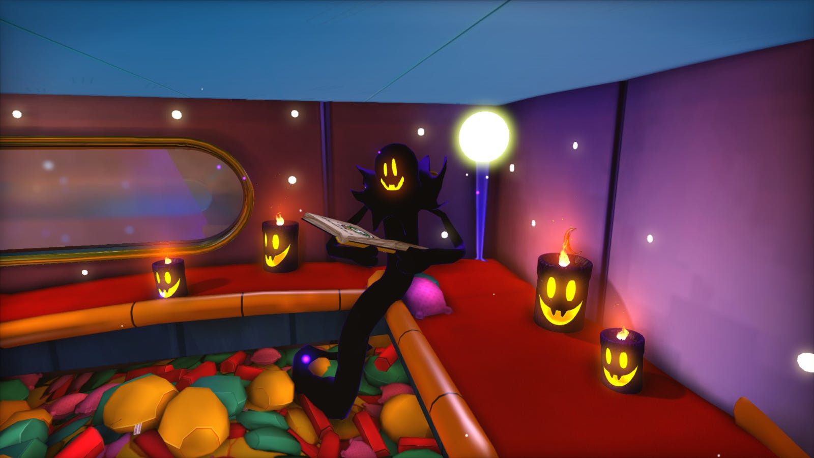 The Snatcher from'A Hat in Time'zittend in een slaapkamer