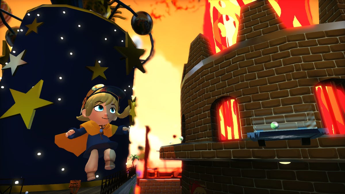 Hat Kid loopt door een vulkaan in'A Hat in Time'