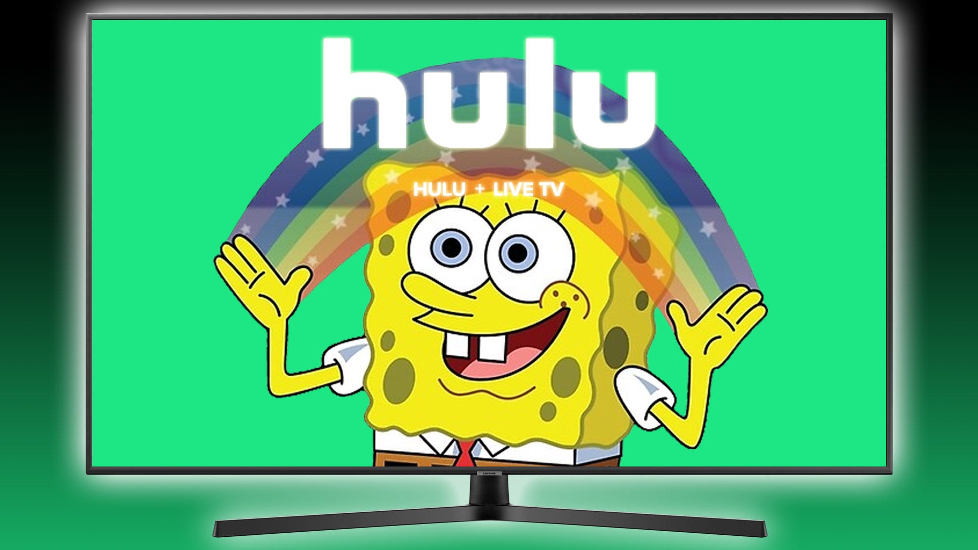 SpongeBob Squarepants en regenboog met Hulu-logo over hem heen.