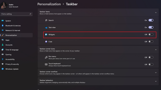 taakbalkinstellingen van widgets uitschakelen