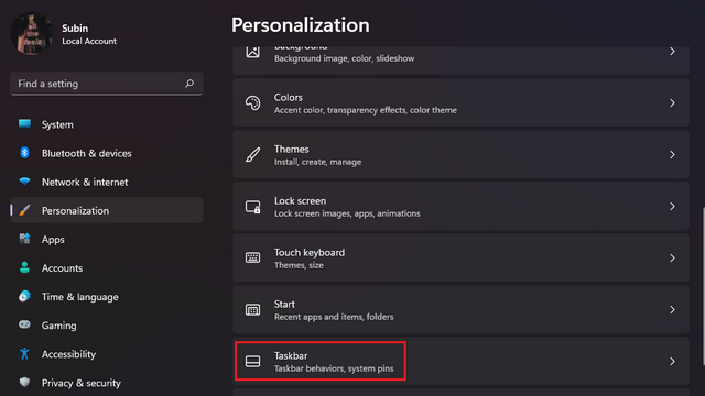 taskbar windows 11 instellingen app