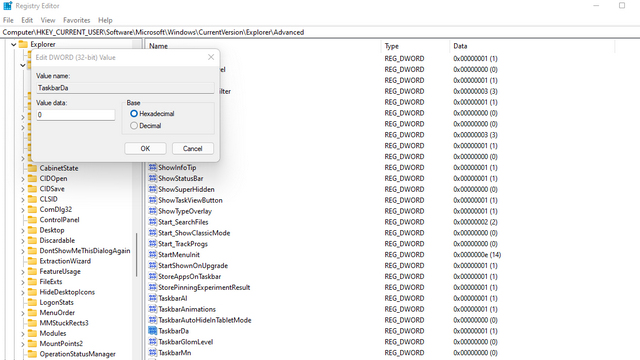 set taskbarda op 0 regedit