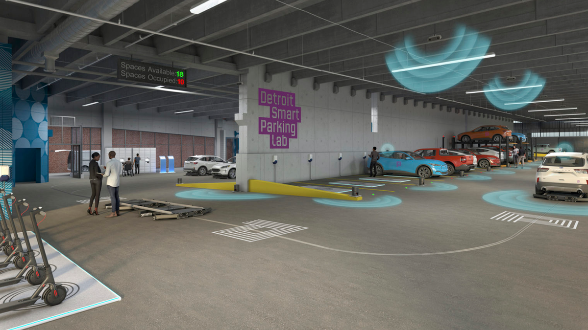 Een illustratie van slimme auto's in het Detroit Parking Lab.