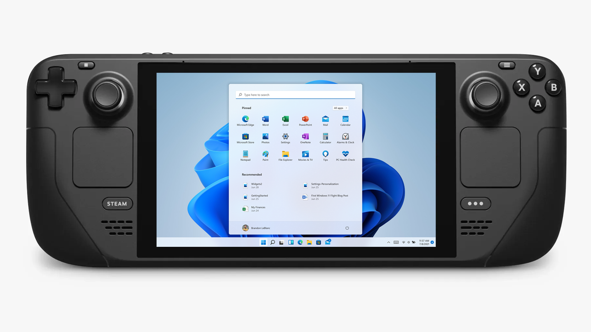 Een gephotoshopte afbeelding van het Steam Deck met het bureaublad van Windows 11.