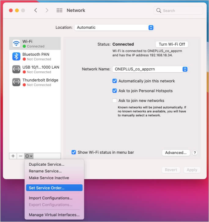 Set Service Order from Mac's Network settings
