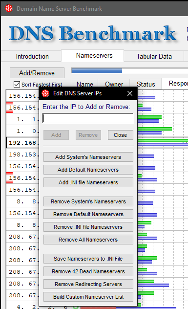 Test porównawczy serwerów DNS Dodaj lub usuń NS