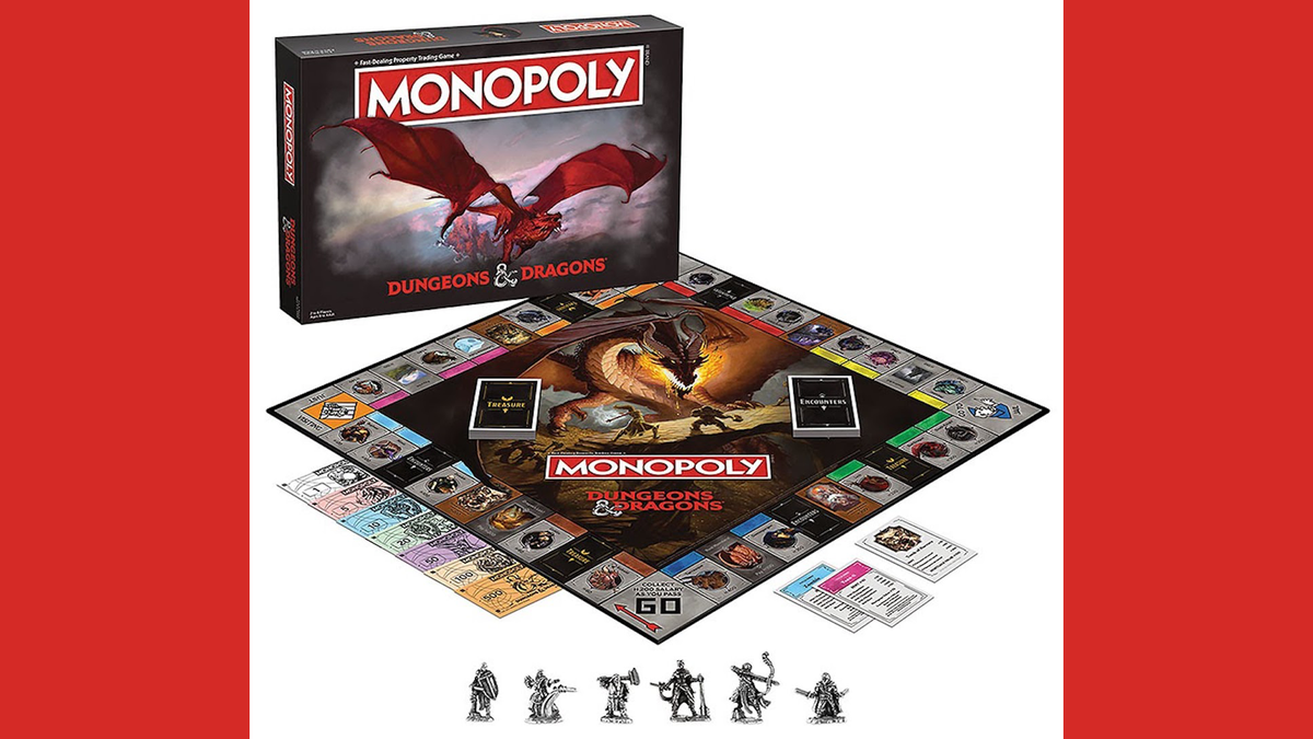 Monopoly: pudełko Dungeons & Dragons, plansza, pieniądze, żetony i karty, ułożone na a powierzchnia