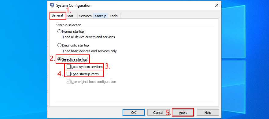 Windows pokazuje, jak skonfigurować selektywne uruchamianie w Konfiguracji systemu