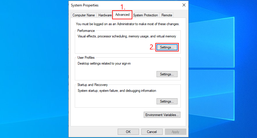 Windows shows how to access advanced performance settings