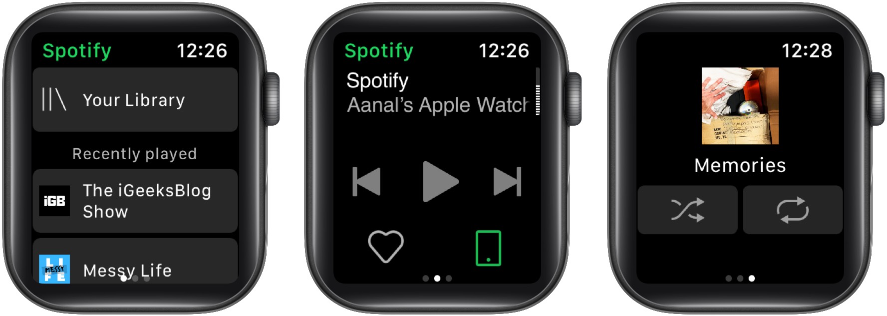 Główny ekran Spotify na Apple Watch
