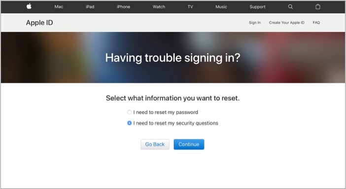 Zresetuj pytanie zabezpieczające Apple ID