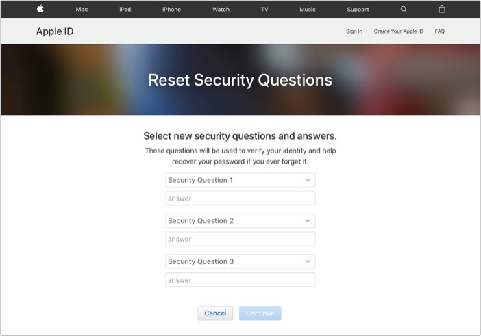 Wybierz nowe pytania zabezpieczające dla Apple ID